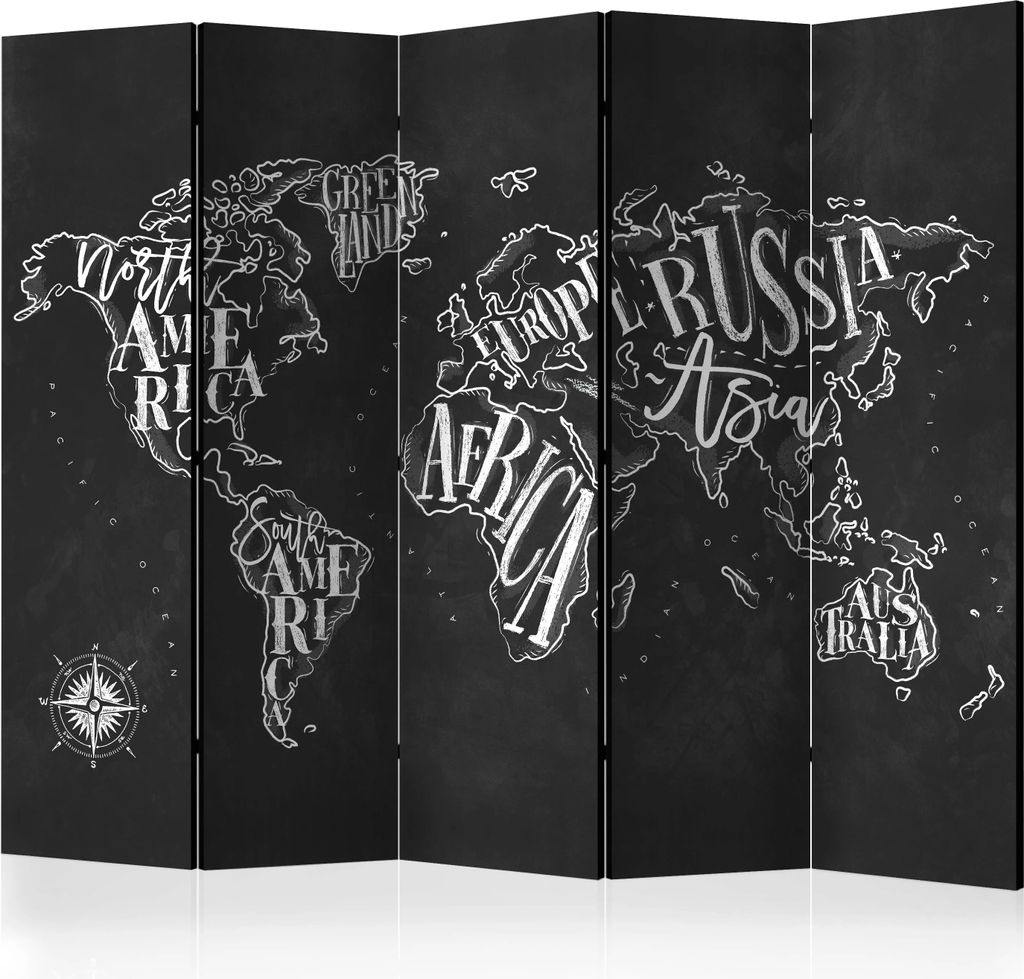 5-teiliger Einseitiger Vlies Paravent - Retro Continents (Black) II 225x172 cm Karten k-B-0083-z-c