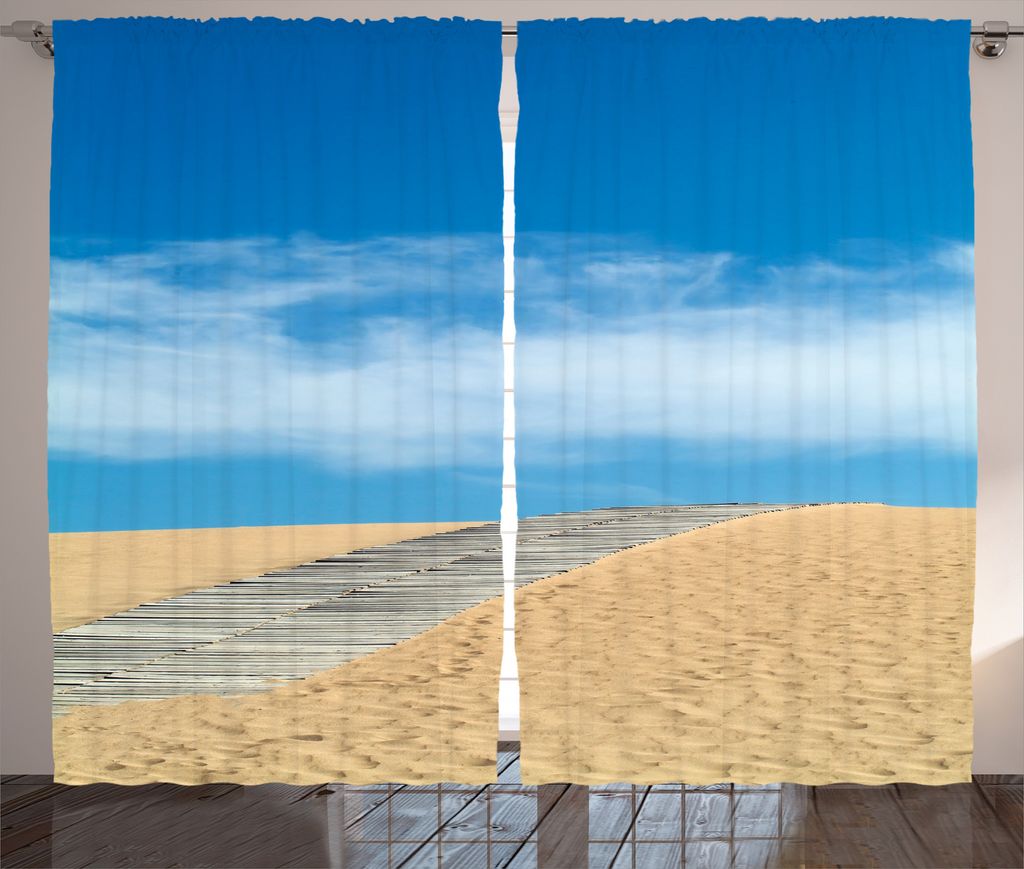 ABAKUHAUS Strand Rustikaler Vorhang, Pfad über Golden Sand, Wohnzimmer Universalband Gardinen mit Schlaufen und Haken, 280 x 175 cm, Creme Blau