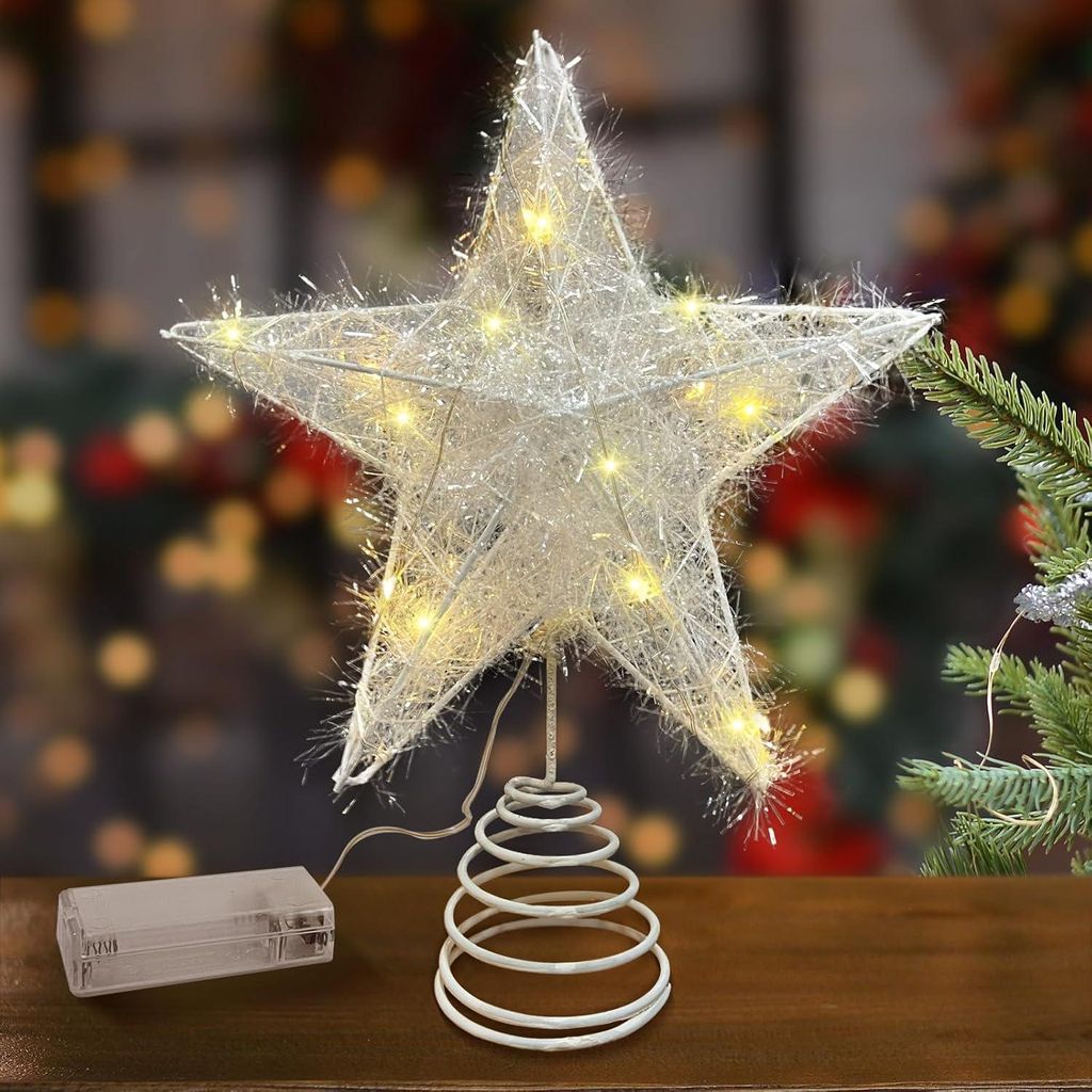 Leuchtender Stern für den Weihnachtsbaum - 25 x 20 cm, Glitzer, Baumspitze, Dekoration für drinnen und draußen (Weiß)