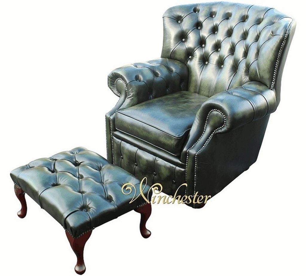 Chesterfield Ohrensessel 1 Sitzer + Hocker Designer Leder Sofa Couchen Neu Grün