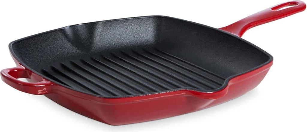 Induktions-Grillpfanne aus geöltem Guss mit Antikleb-Lack - pfas-frei, spülmaschinengerecht, Chilirot