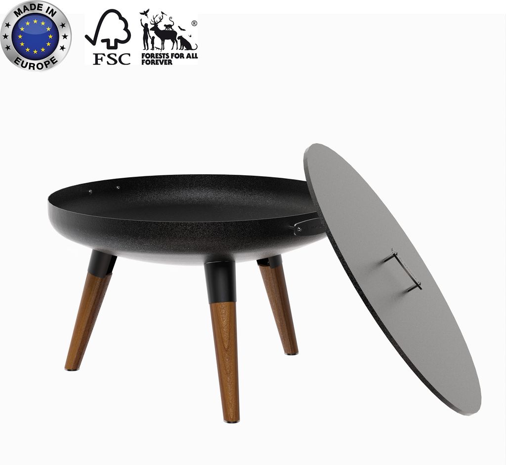 Masuria Feuerstelle 86 x 81 x 55 cm Feuerschale aus schwarz lackiertem Stahl mit Deckel und Griffen aus Edelstahl Nexo 80 Black