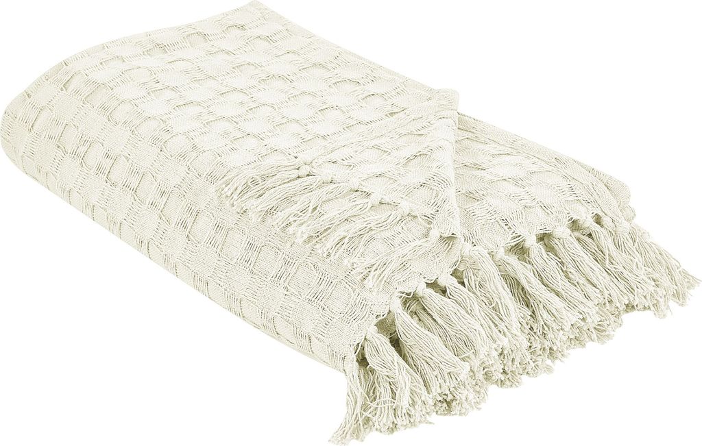 BELIANI Tagesdecke Cremeweiß Baumwolle 220x240 cm Strukturiert mit Fransen Modern Schlafzimmer Wohnzimmer Sofadecke Überwurf für Sofa Bett Sessel