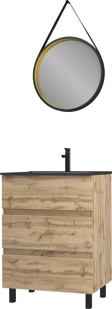 Pack Meuble SDB TIMBER 60cm Chêne avec Vasque Noire et Miroir Barber