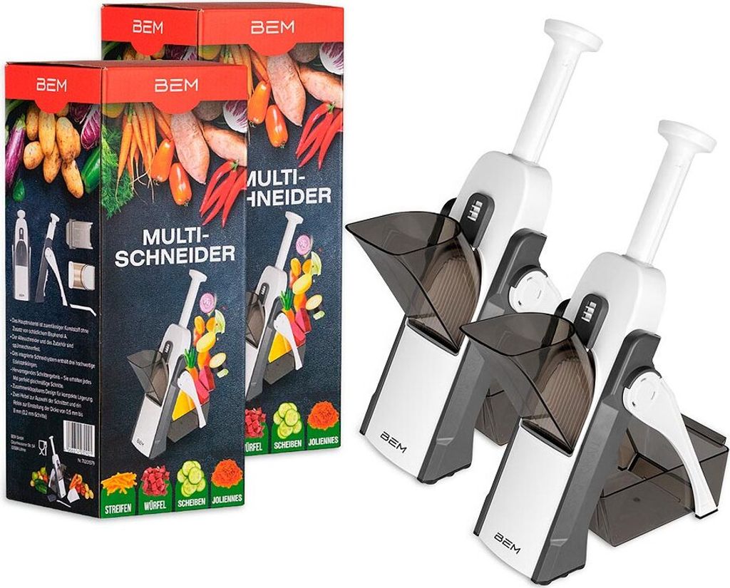BEM Doppel-Set 2x Multischneider Multifunktionaler Gemüseschneider, 24-in-1 Gemüsehobel, Mandoline, Kartoffel-, Zwiebel-, Karotten-, Gurkenschneider