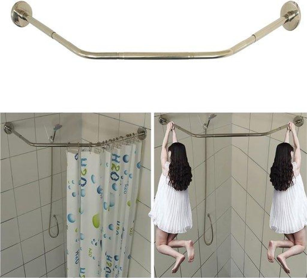 Famanu Duschvorhangstange L-Form mit Deckenhalterung, verstellbar 61-134 × 61-134 cm, mit 12 Ringen