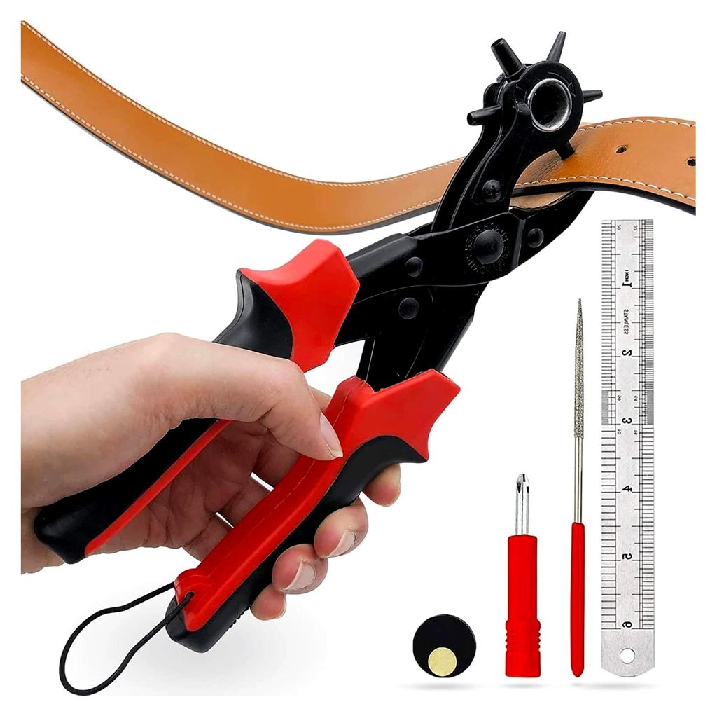 Lochzange für Leder mit 6 Lochgrößen 2–4,5 mm, ergonomische rutschfeste Griffe, Revolverlochzange für Gürtellöcher, Uhrenarmbänder, Hundeh...