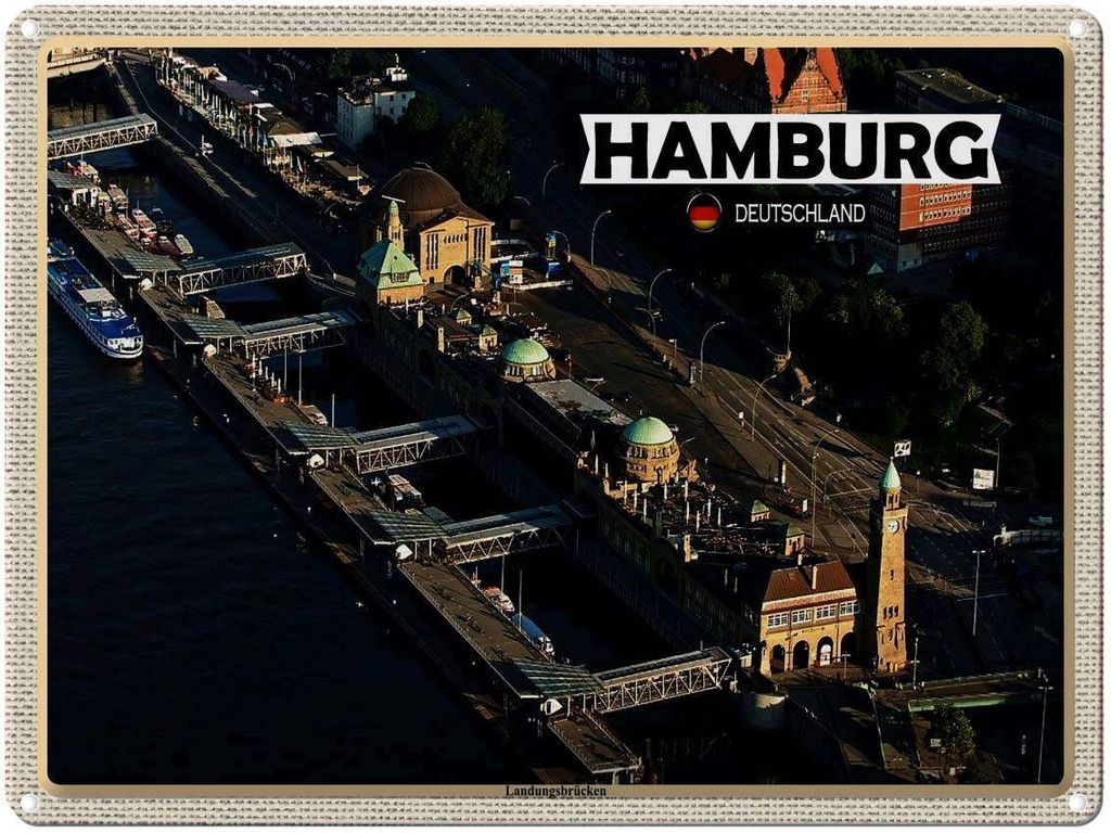 vianmo Blechschild 30x40 cm Hamburg Blick auf Landungsbrücken Bildmotiv Reisemotiv Abenteuer Reisen