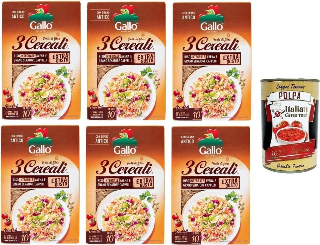 Riso Gallo- 3 Cereali. Riso integrale,avena e Grano senatore Cappelli 3 Getreide. Brauner Reis, Hafer und Senatore Cappelli-Weizen 6x 400gr + Itali...