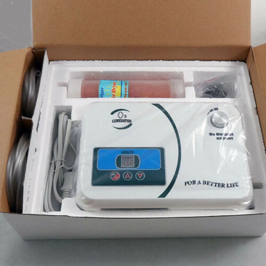 An ozone generator product unpacked and displayed inside its cardboard packaging.