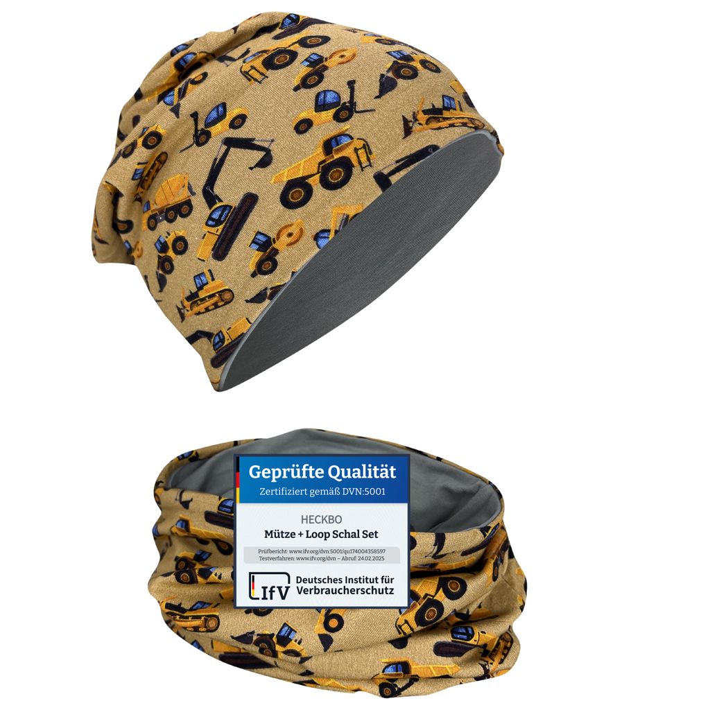 HECKBO Kinder Beanie Mütze & Schal Set - Baufahrzeuge - 95% Baumwolle wendbar mit Jersey Stoff