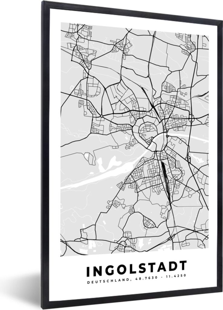 MuchoWow Gerahmtes Poster Karte - Ingolstadt - Deutschland - Stadtplan - Karte 40x60 cm - Poster mit Schwarzem Bilderrahmen Wandposter Rahmen Fot...