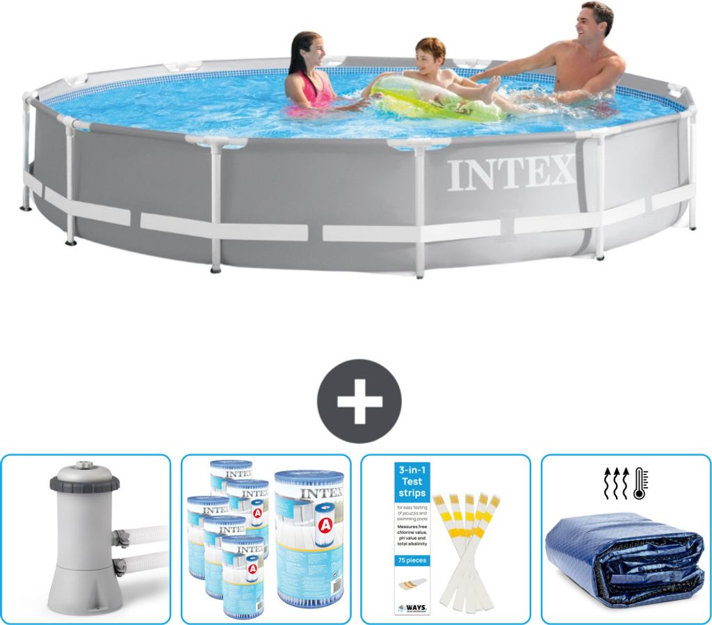 Intex Round Prism Frame Swimming Pool – 366 x 76 cm – Grau – inklusive Pumpe Filter - Teststreifen - Sonnensegel