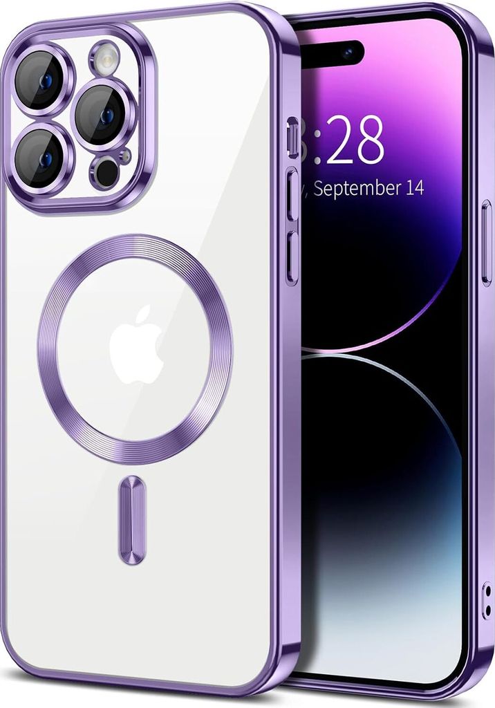 Magnetische Klar Hülle für iPhone 14 Pro, Kompatibel mit MagSafe, Elektroplattiert Handyhülle mit Kameraschutz Violett