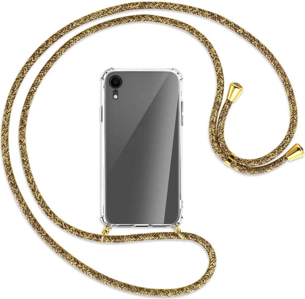 Handykette Backcover-Schutzhülle mit Band (Metall goldfarben) für Apple iPhone XR - braun+beige