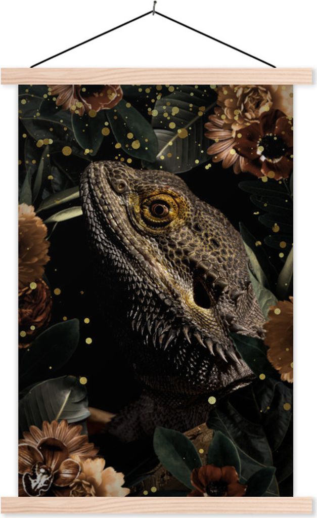 MuchoWow Textilposter Reptilien - Pflanzen - Blumen 60x90 cm mit holzfarbenen Rahmen - Textil