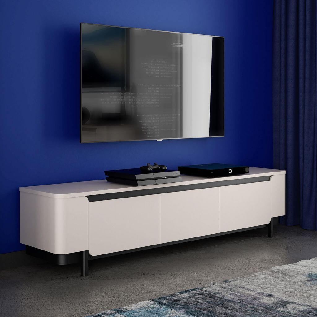 Forte VODOL TV-Schrank 200 205, modernes Lowboard mit 3 Türen und abgerundetem Eckendesign, Holzwerkstoff, Kaschmir|Beige , 204,9 cm breit x 49,1 ...