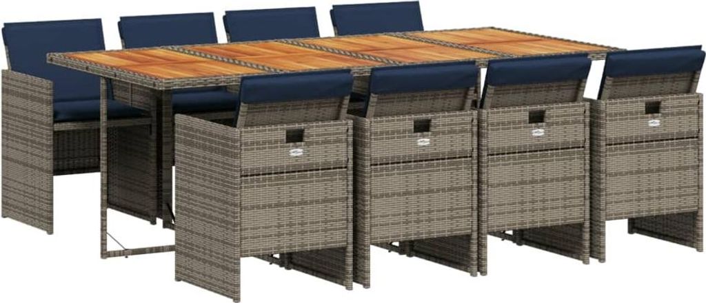 9-teiliges Garten-Ess-Set mit Kissen, grau, Polyrattan