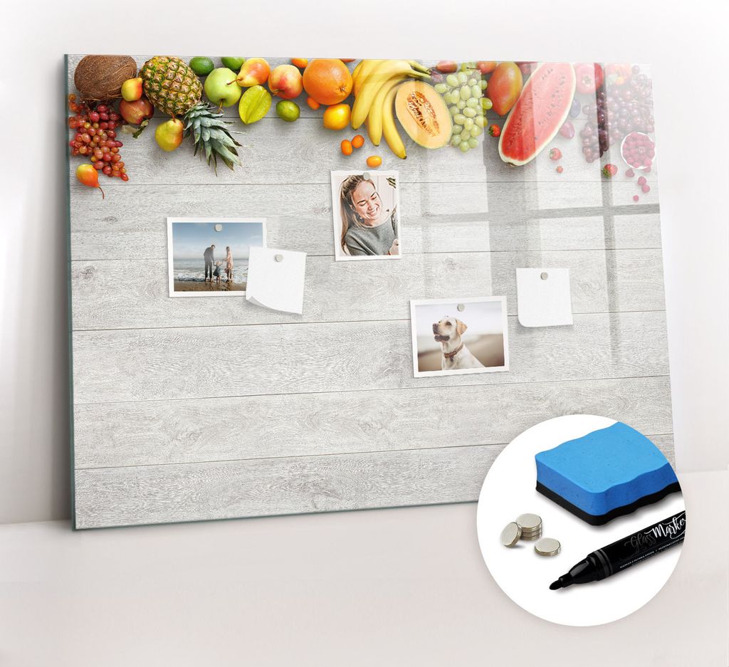 Magnetpinnwand Memoboard - Zubehörsatz - Schwarzer Marker + Schwamm + Magnete - 100 x 70 cm - Früchte auf dem Tisch