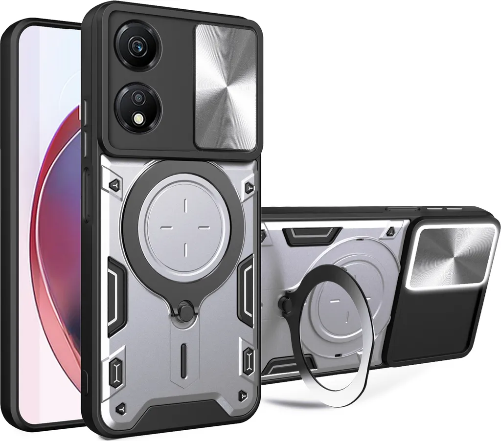 Custodia Honor X5 Plus con Copertura Fotocamera e Supporto Anello Argento