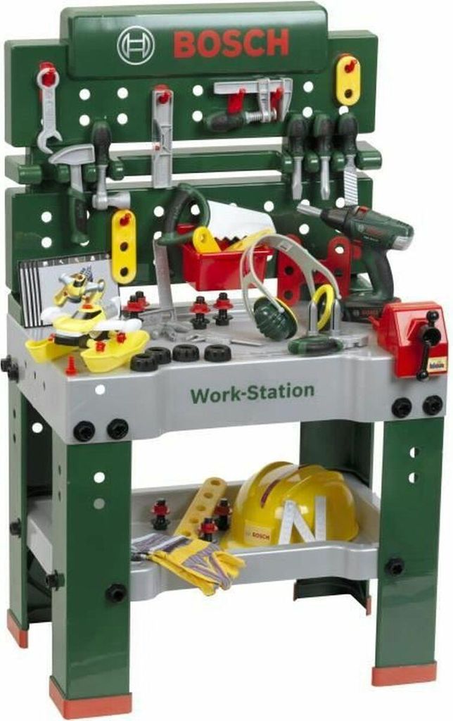 A toy Bosch Workstation with various accessories, including a toy car, tools, and safety gear.