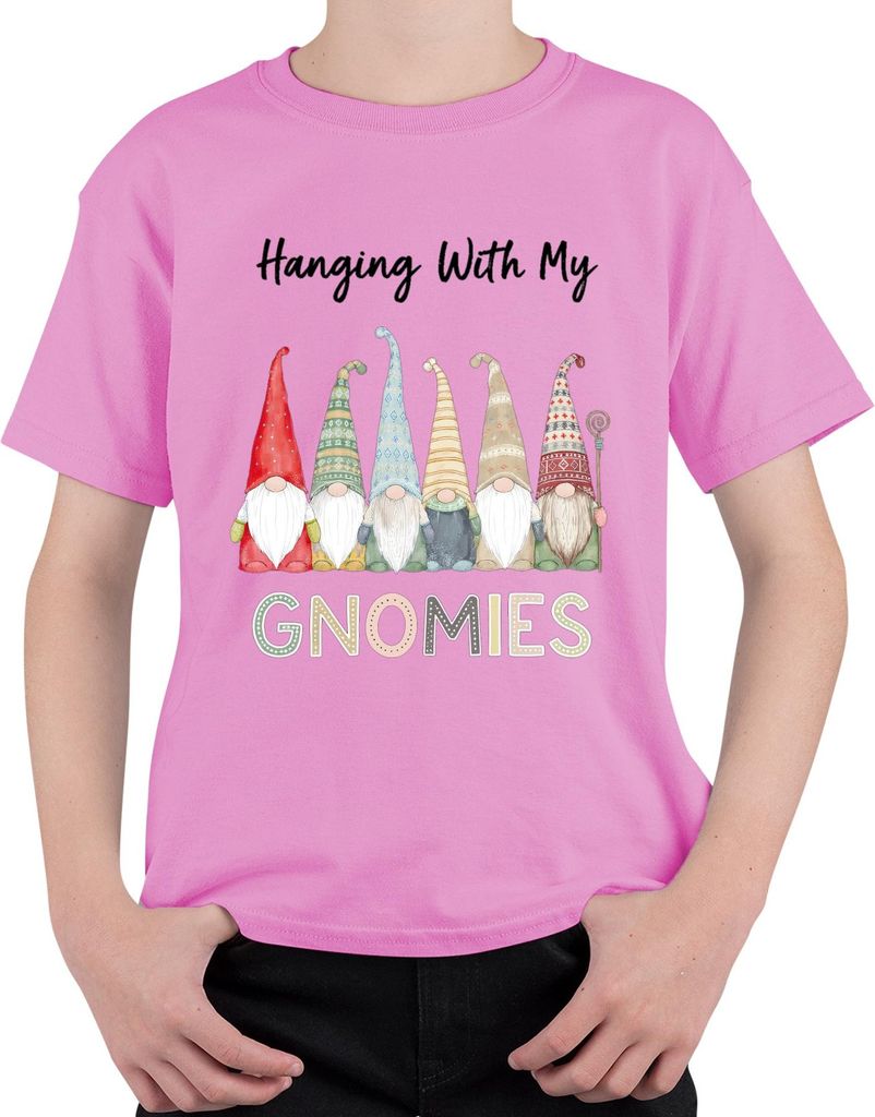 Hanging With My Gnomies Weihnachts Wichtel Zwerg Skandinavisch Uni Kinder T-Shirt, Pink, 128