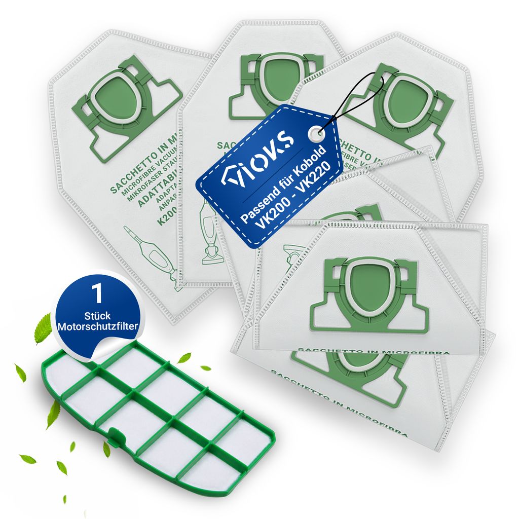 6x Staubsaugerbeutel + Motorschutzgitterfilter für Kobold VK200 VK220