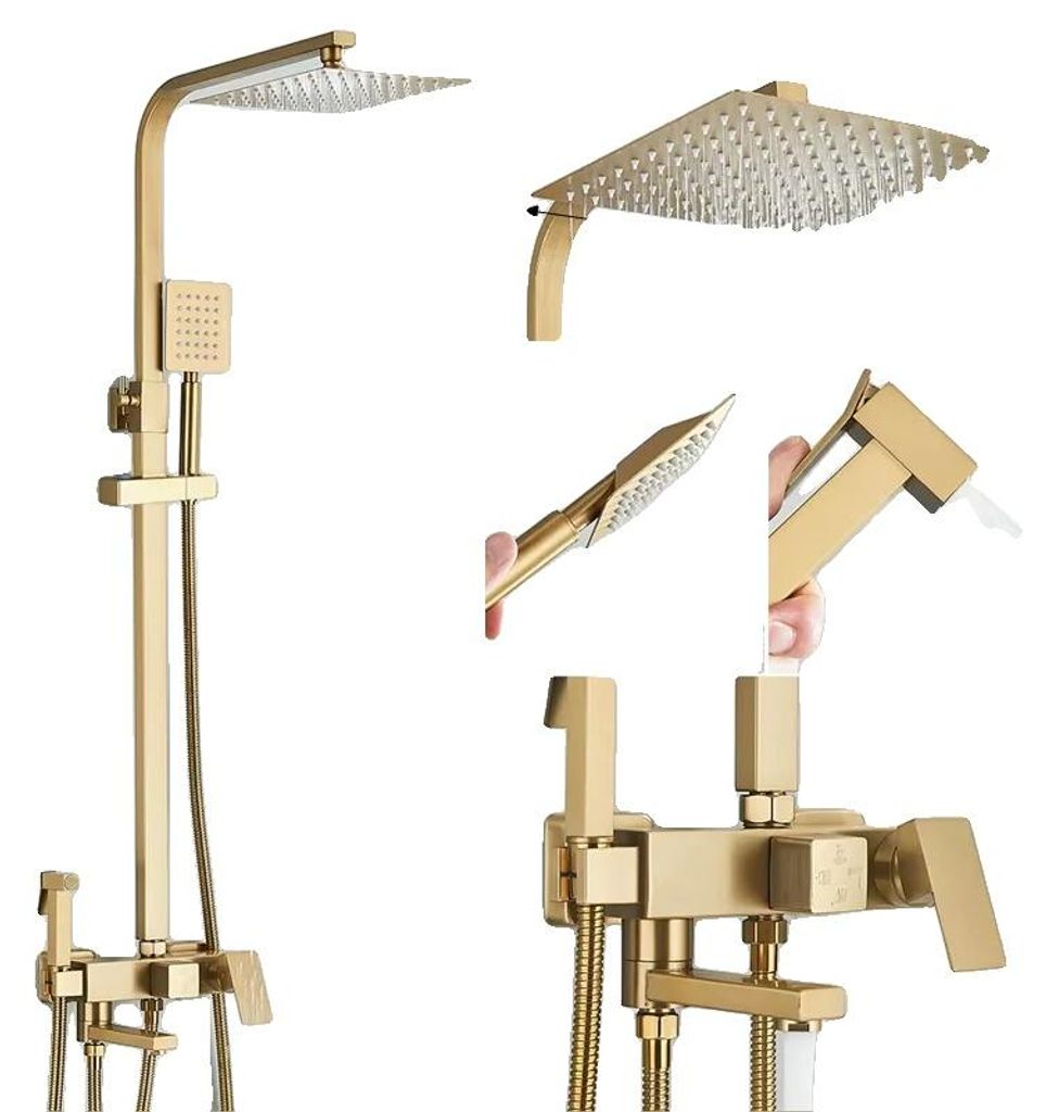 Duscharmatur Set, Thermostatsteuerung, Zeitgenössisches Design, 30 cm gebürstetes Gold