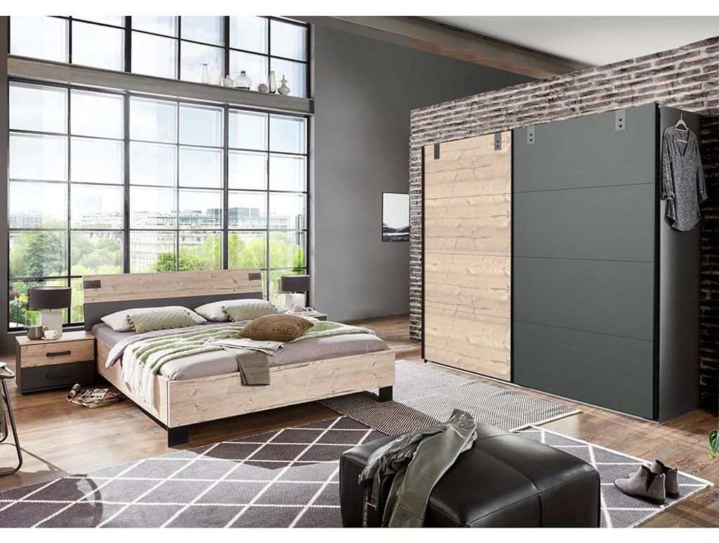 Schlafzimmer-Set mit Bett 180x200 cm & Schwebetürenschrank in Holzdekor mit graphit, 4-teilig - MONTELLA-43