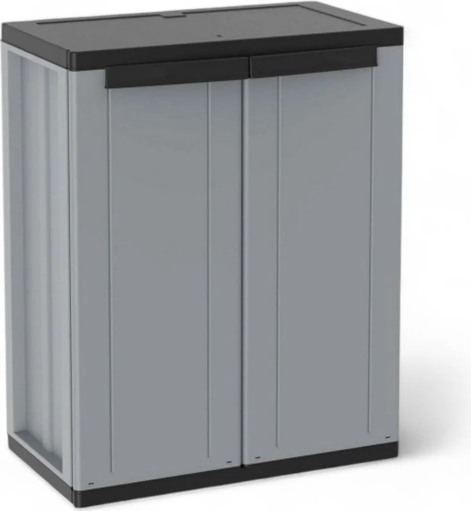 Armoire basse de bureau grise avec tablettes réglables et 2 portes