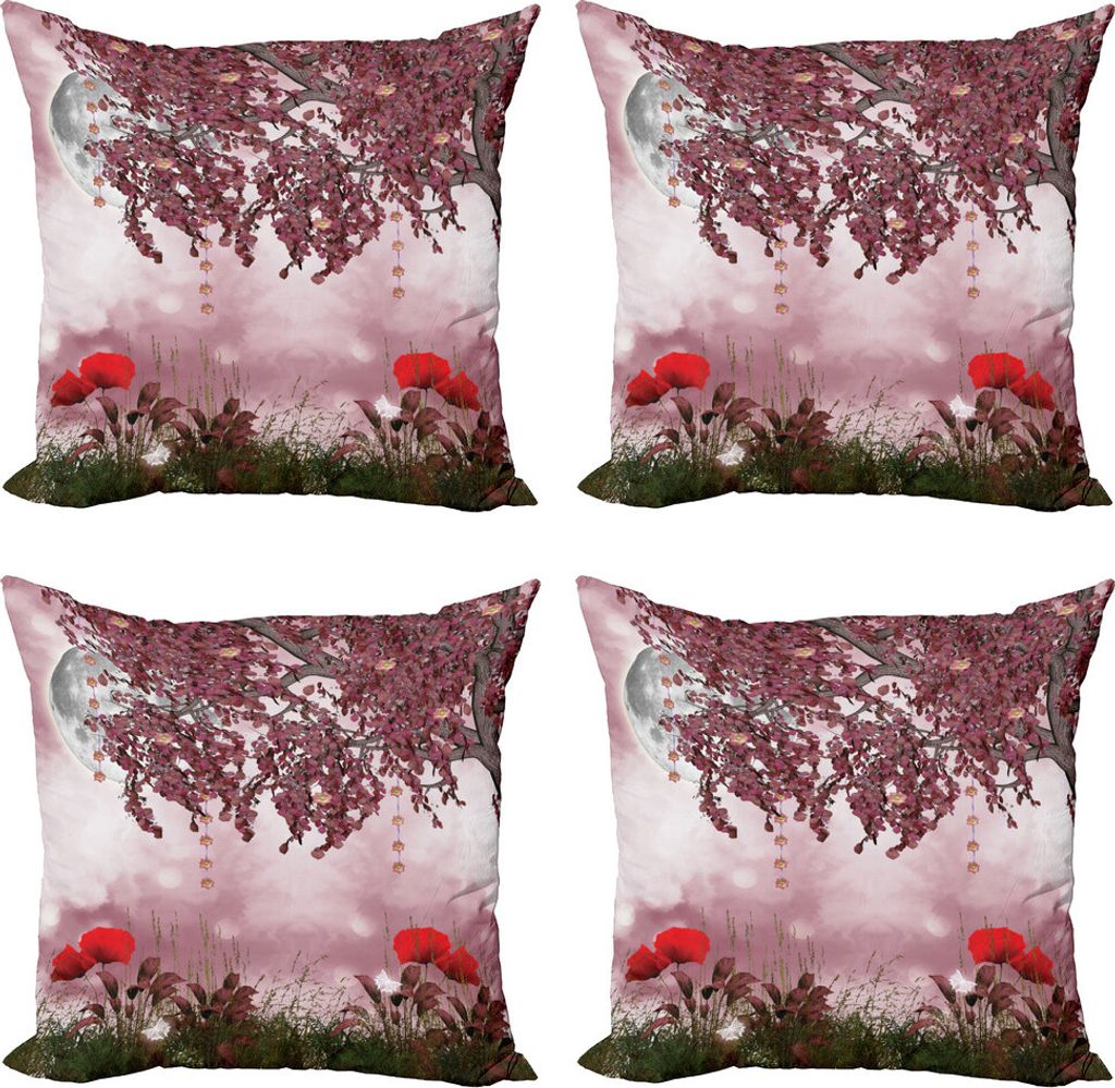 ABAKUHAUS Mohn Kissenbezug Set (4 Stück), Traumgarten mit Mohnblumen, Moderner Doppelseitiger Digitaldruck, 50 cm x 50 cm, Mauve Red
