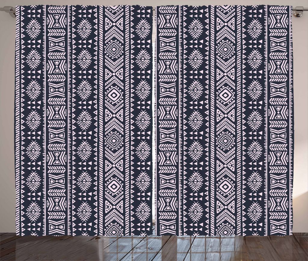 ABAKUHAUS afrikanisch Rustikaler Gardine, Vertikale Art Borders, Schlafzimmer Kräuselband Vorhang mit Schlaufen und Haken, 280 x 175 cm, Kadett Bl...