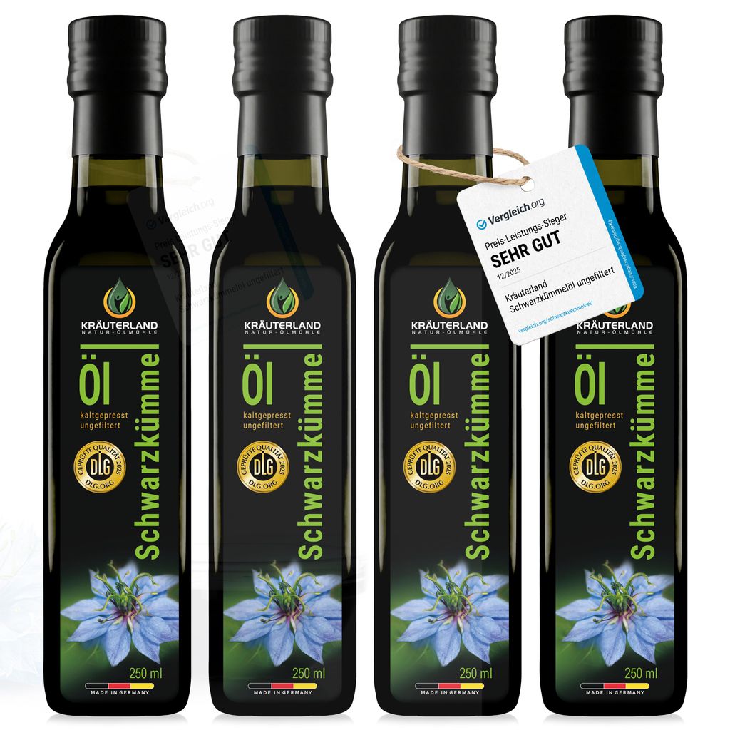 Kräuterland Premium Schwarzkümmelöl, 4x 250ml ungefiltert, Produktbild 