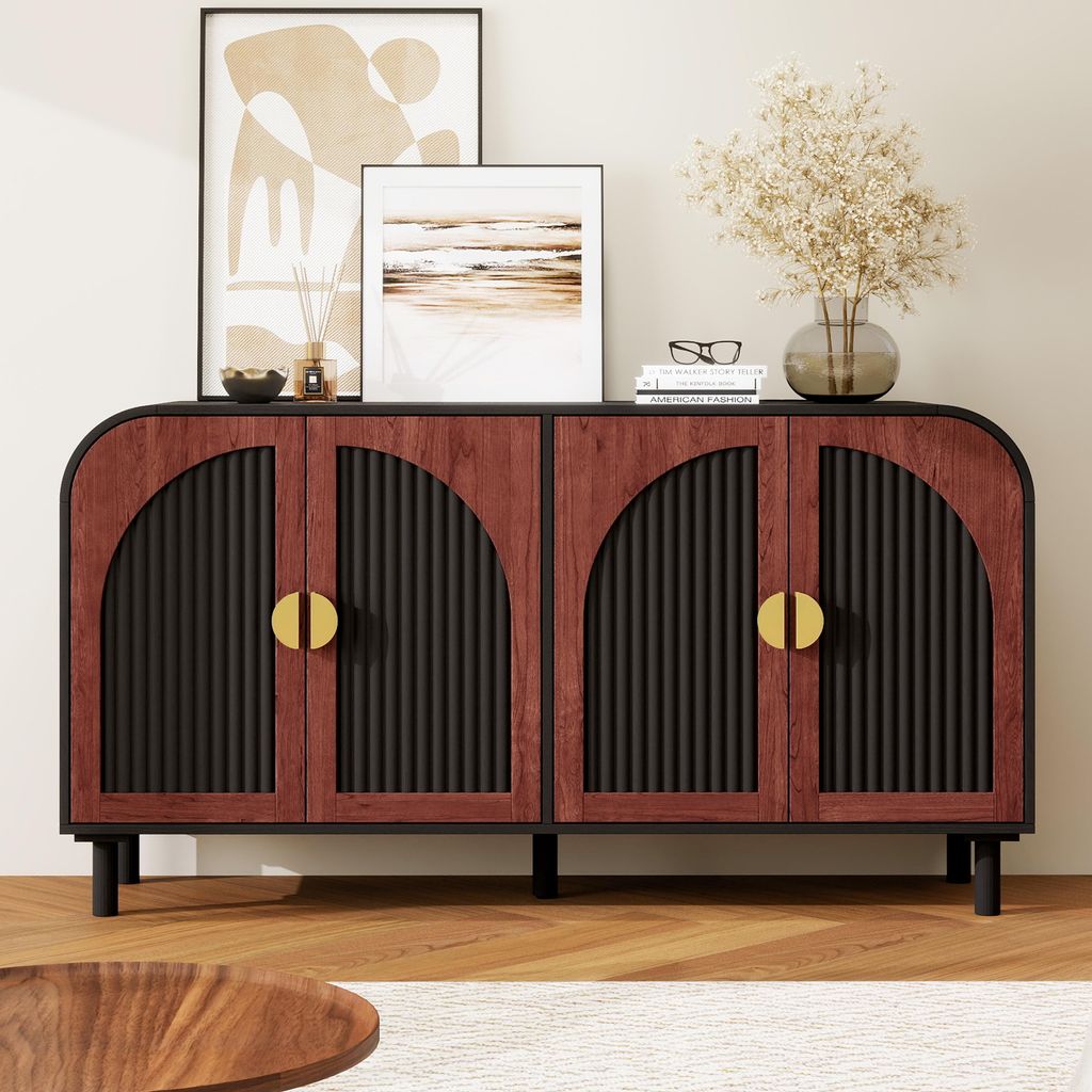 Sideboard im Retro-Design, 150 cm Anrichte mit gewölbten Fronten, MDF, 4 Türen, verstellbare Einlegeböden, Soft-Close-Scharniere, Holzfüße, f...