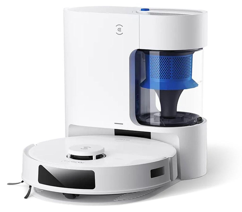 A white robot vacuum cleaner with a blue dustbin and filter, shown on a white background.