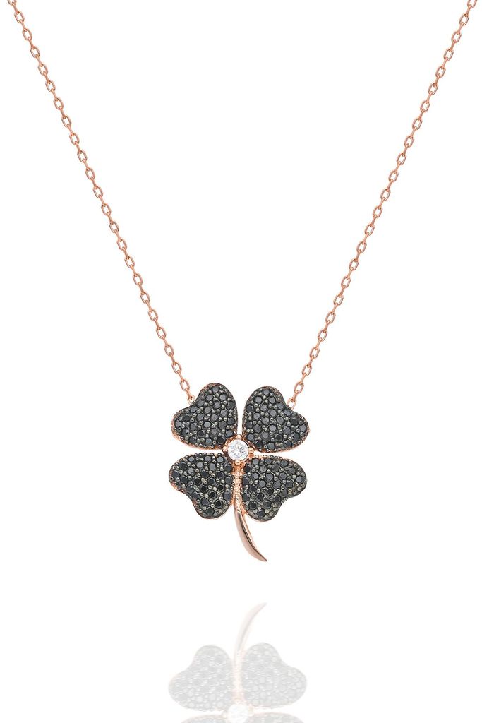 925 Silber Kleeblatt Kette Rosegold – Elegante Halskette mit schwarzen Zirkonia