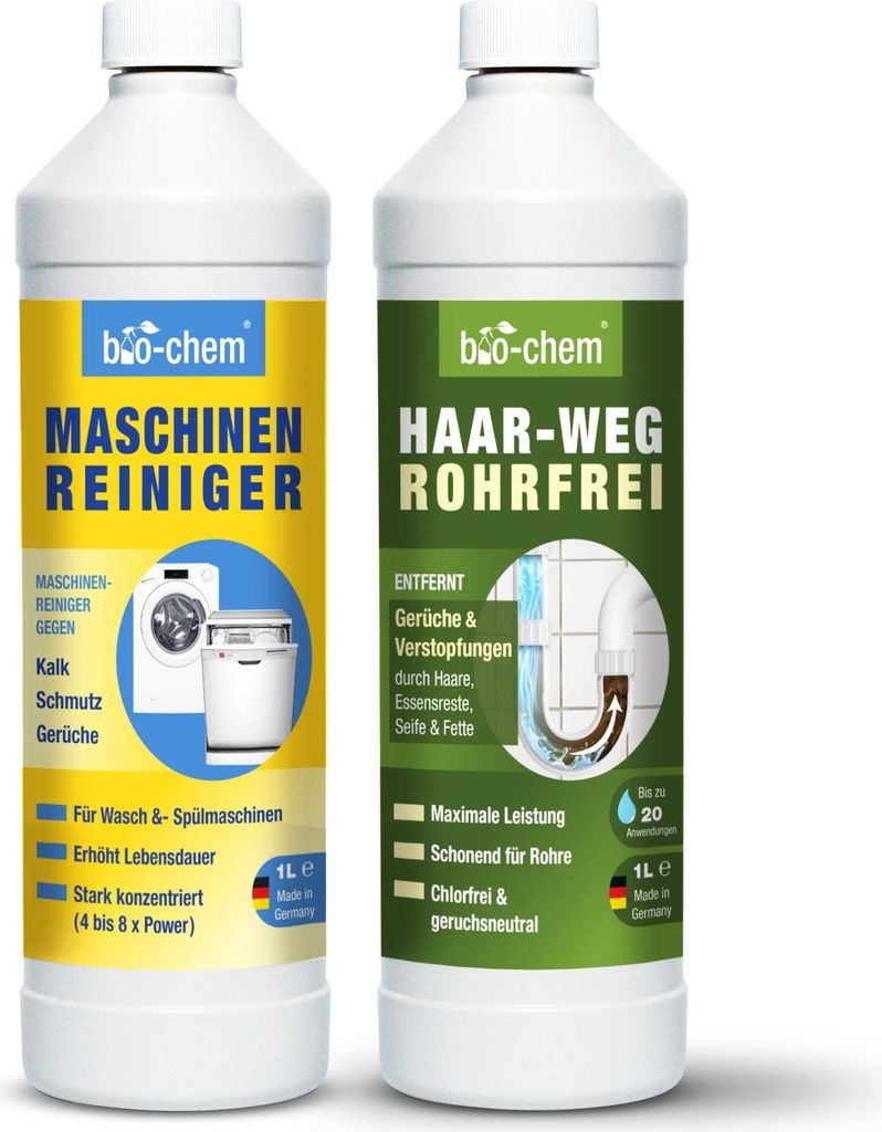 bio-chem Spülmaschinen DUO: Haar-Weg Abflussfrei Rohrreiniger 1l + Maschinenreiniger für Geschirrspüler 1l - Extra stark gegen Verstopfung, Kalk...