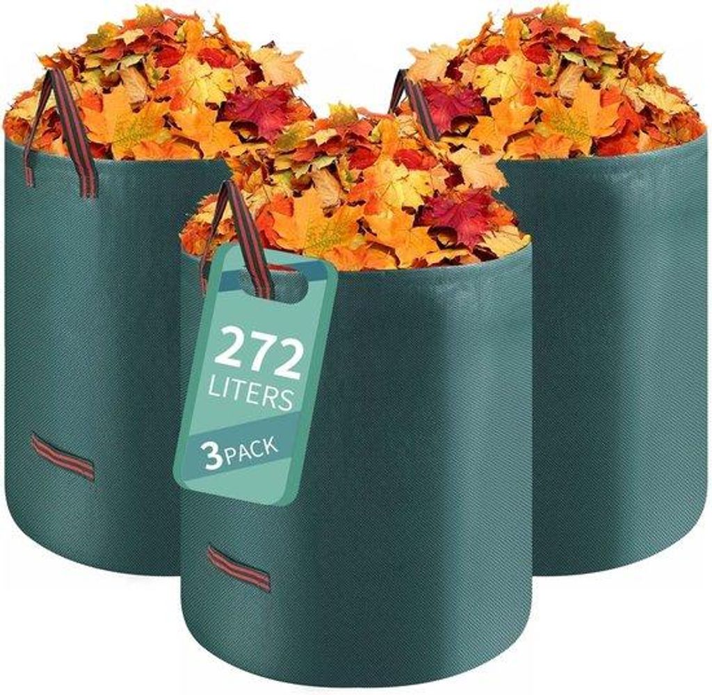 Famanu Gartenabfallsäcke Set von 3 - Extra starke 272 Liter mit Handgriffen - Selbststehend und faltbar - Für Laub, Gras und Grünabfall