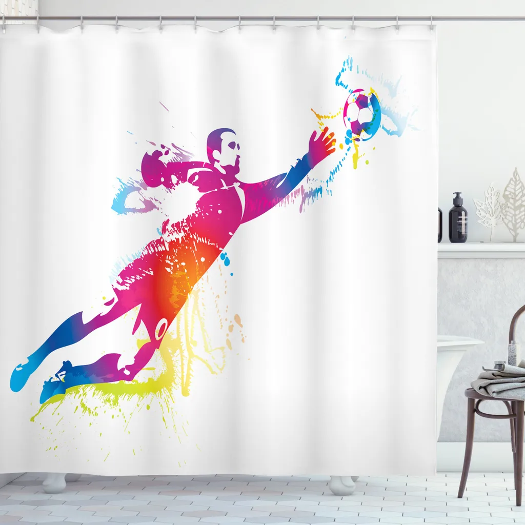 ABAKUHAUS Tenda da doccia con motivo calcistico, portiere che para il pallone, resistente a batteri e muffa, incl. 12 ganci Lavabile Elegante stampa digitale, 175 x 180 cm, multicolore
