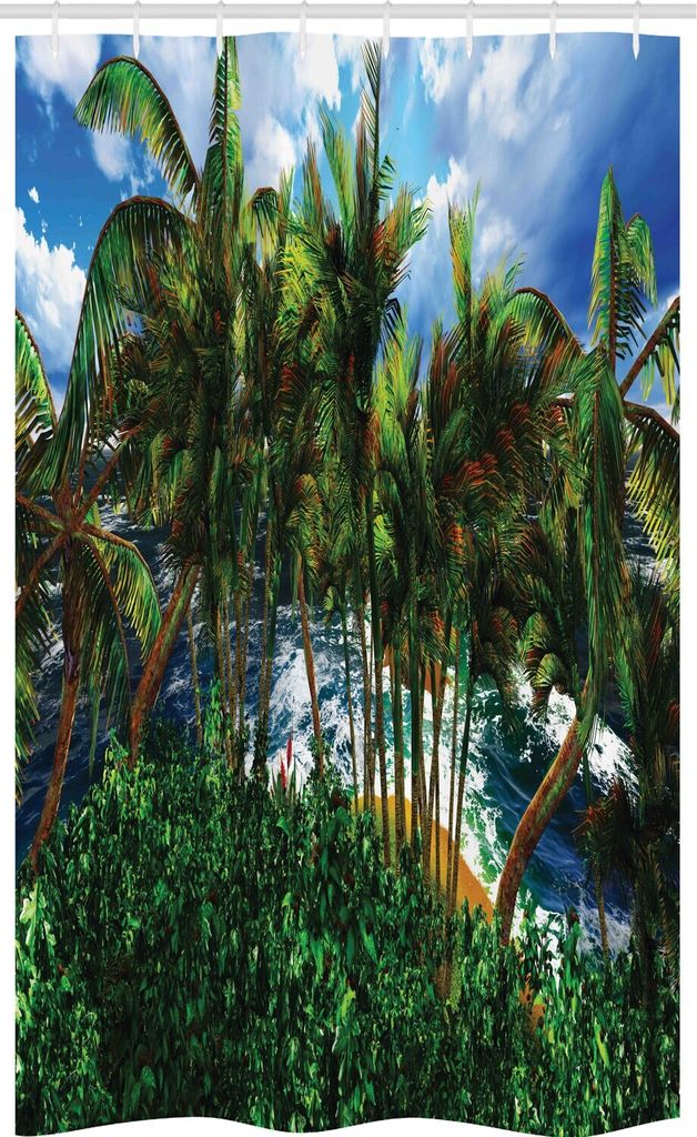 ABAKUHAUS Sommer Schmaler Duschvorhang, Hawaii-Insel Palme, Badezimmer Deko Set aus Stoff mit Haken, 120 x 180 cm, Braun Grün Blau