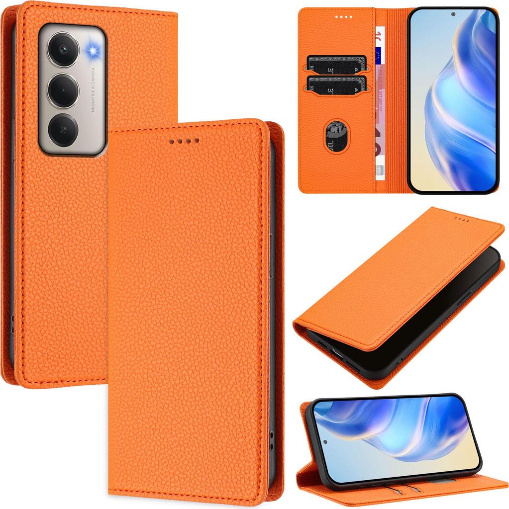 Litchi Leder Handyhülle für Xiaomi Redmi 15 5G/4G Wallet Kartenfächer Standfunktion Hülle Orange
