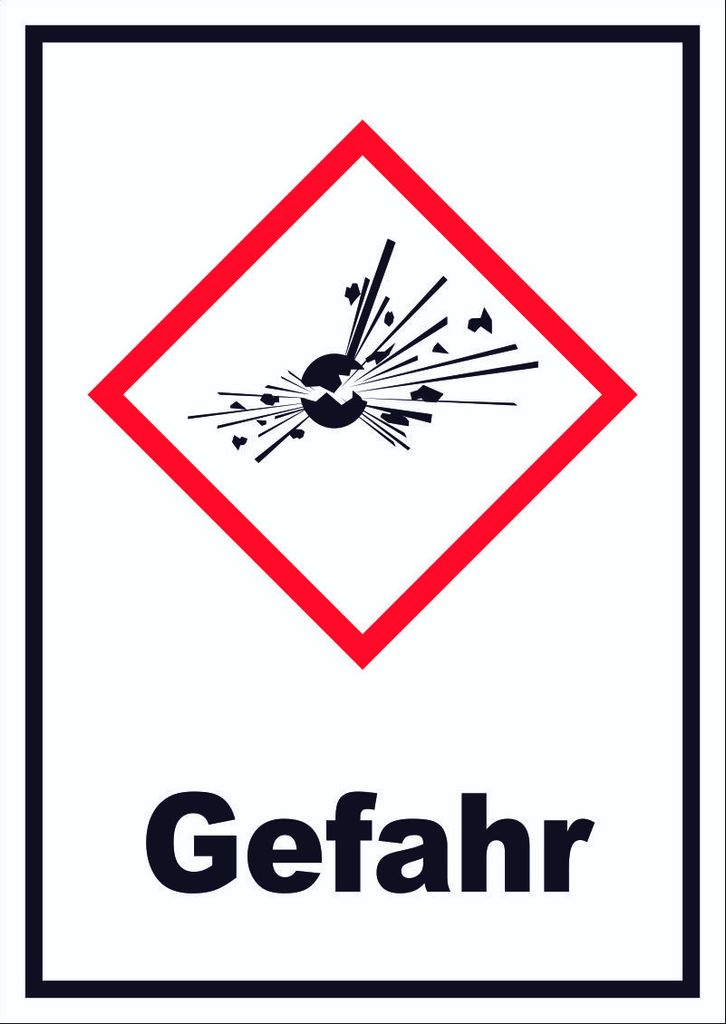 Schild Instabile explosive Stoffe Gefahr Explosion hochkant A4 Rückseite selbstklebend