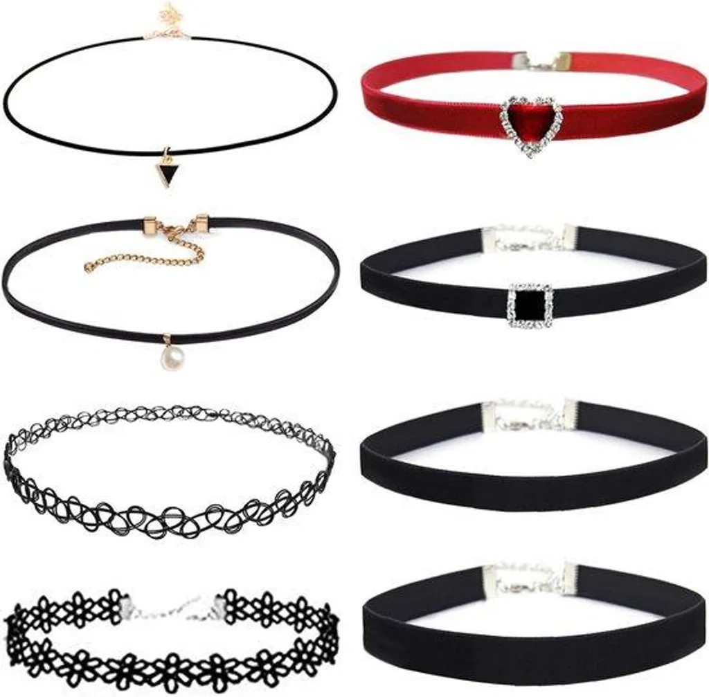 Ensemble de colliers femme en velours rouge et noir - Parure chic