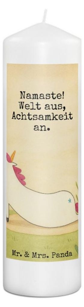 Mr. & Mrs. Panda Kerze Einhorn Yoga Design 29 x 8 cm XL - Weiß - Geschenk, Erinnerungslicht, Sport, Einhörner, Witzig, Unicorn, Bedruckte, Stumpe...