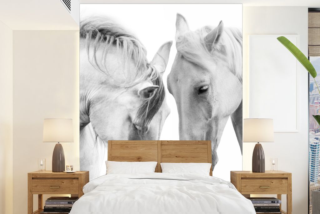 MuchoWow Fototapete für Wohnzimmer oder Schlafzimmer Wandtapete Vinyl Motivtapete Pferd - Tiere - Porträt - Weiß - 165x220 cm - Wanddekorationen