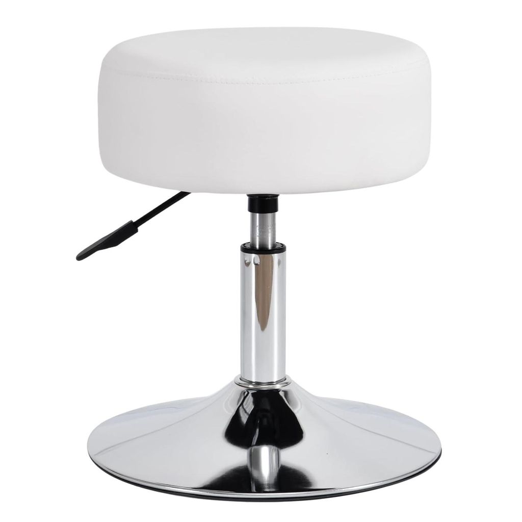 A white, adjustable stool with a chrome base.