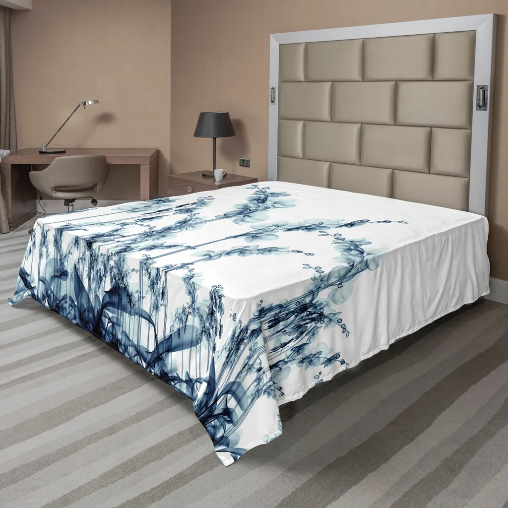 Drap de lit respirant pour chambre décorative motif fleurs bleu et blanc