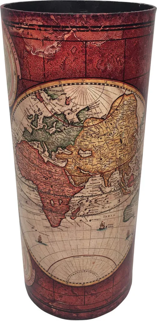 Porte-parapluie Cylindrique en Bois et Toile Imprimée Mappemonde Rétro