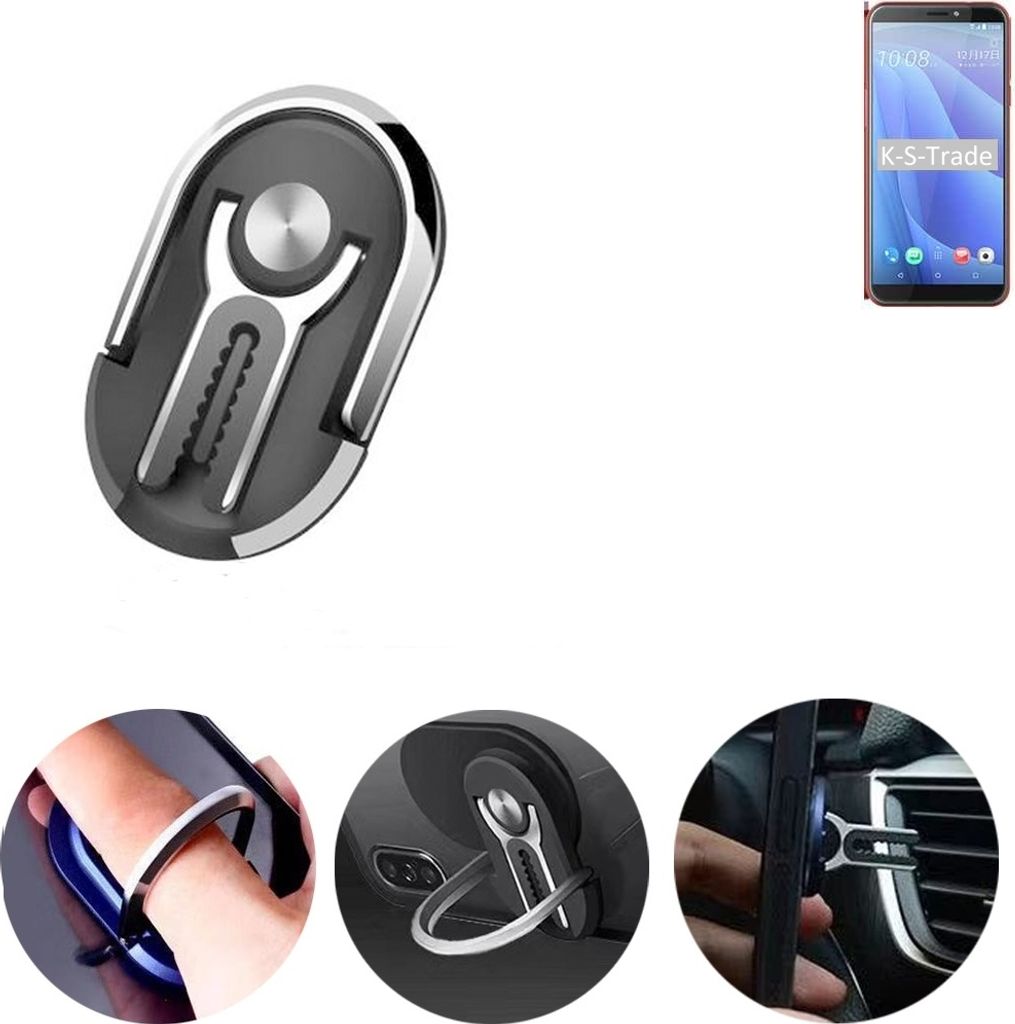 K-S-Trade 3in1 Smartphone-Ring Handy-Ring kompatibel mit HTC Desire 12s Fingerhalterung Handyring Tischständer Lüftungsgitter-Halterung Tisch