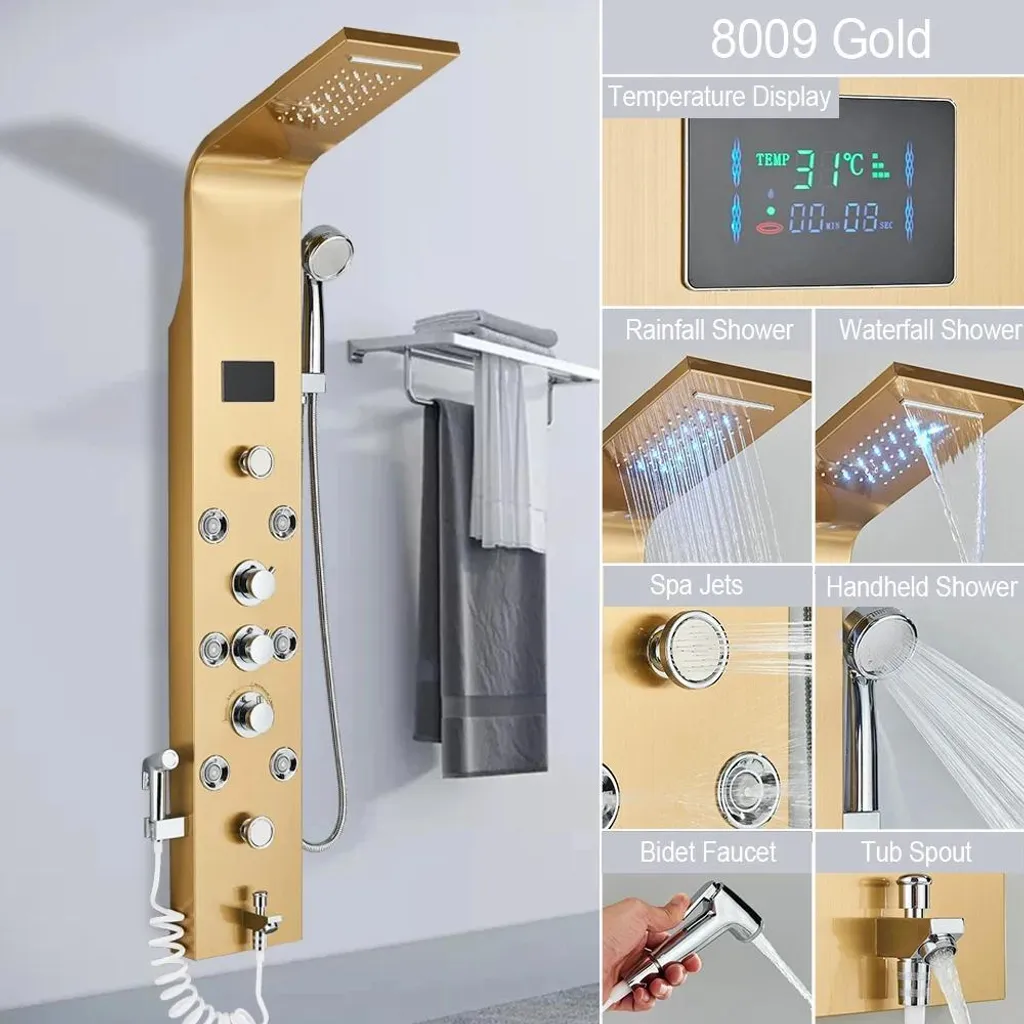 Panneau de douche LED 8009 B avec jets rotatifs et finition dorée polie